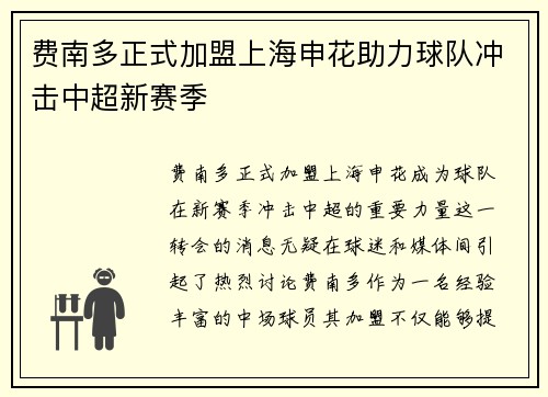 费南多正式加盟上海申花助力球队冲击中超新赛季